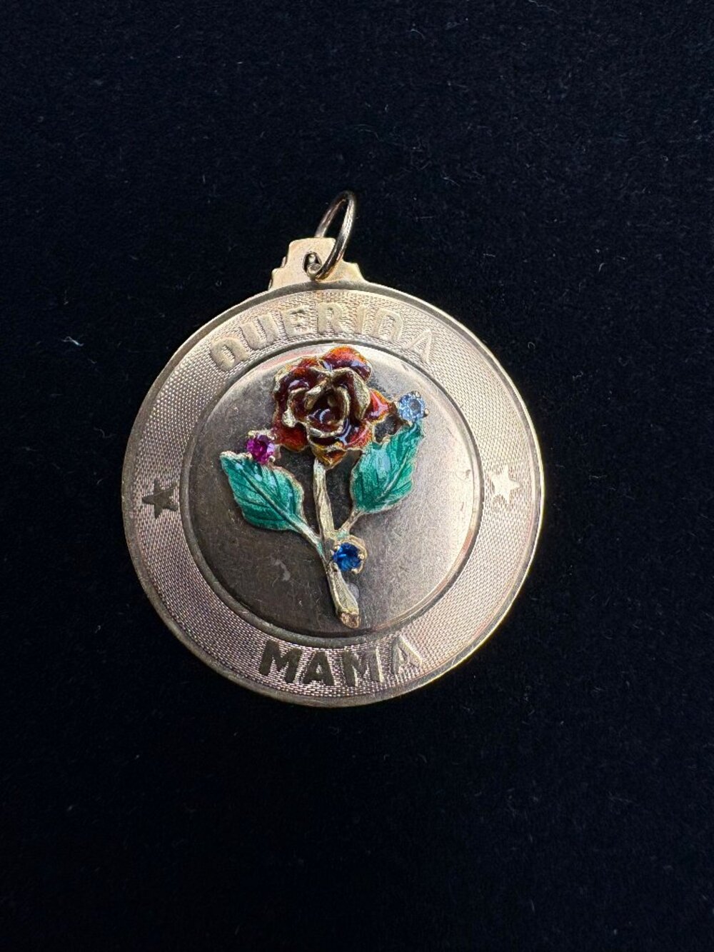 18K Gold “Querida Mama” Round Pendant with Rose